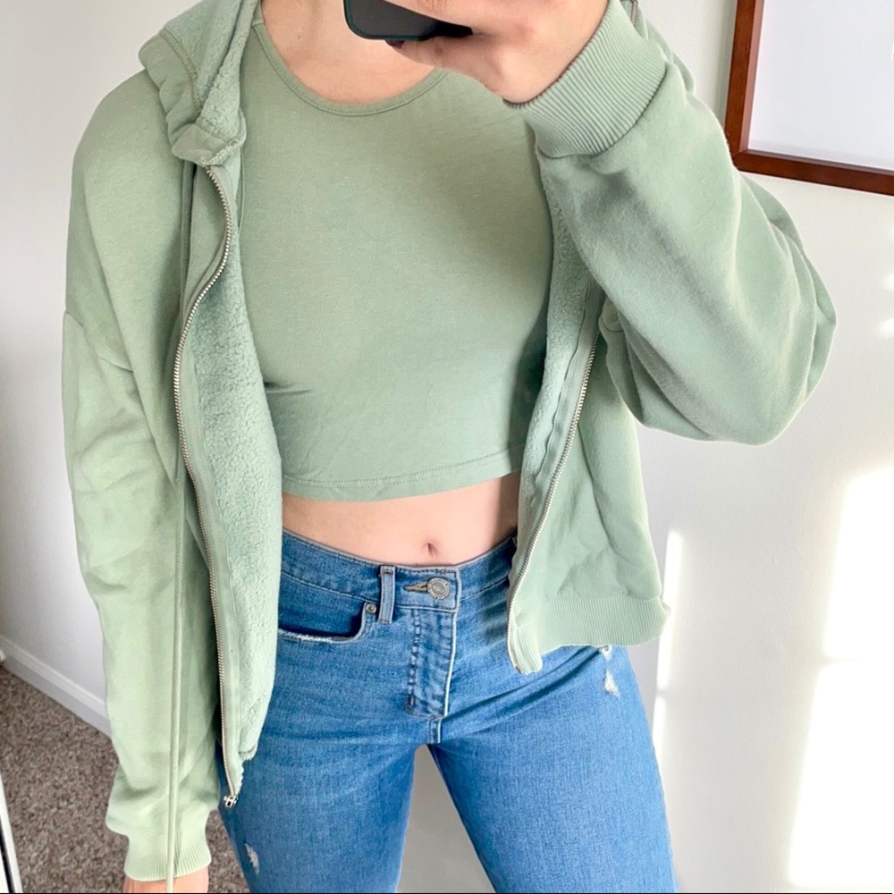 Nasty Gal Sage Light Green Crop Top Zip Up Hoodie Set